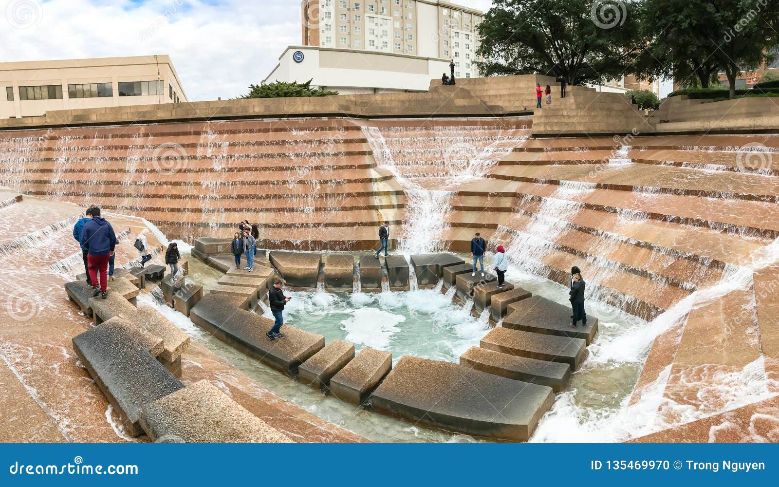 Panorama View Water Gardens In Downtown Fort Worth With Visitors