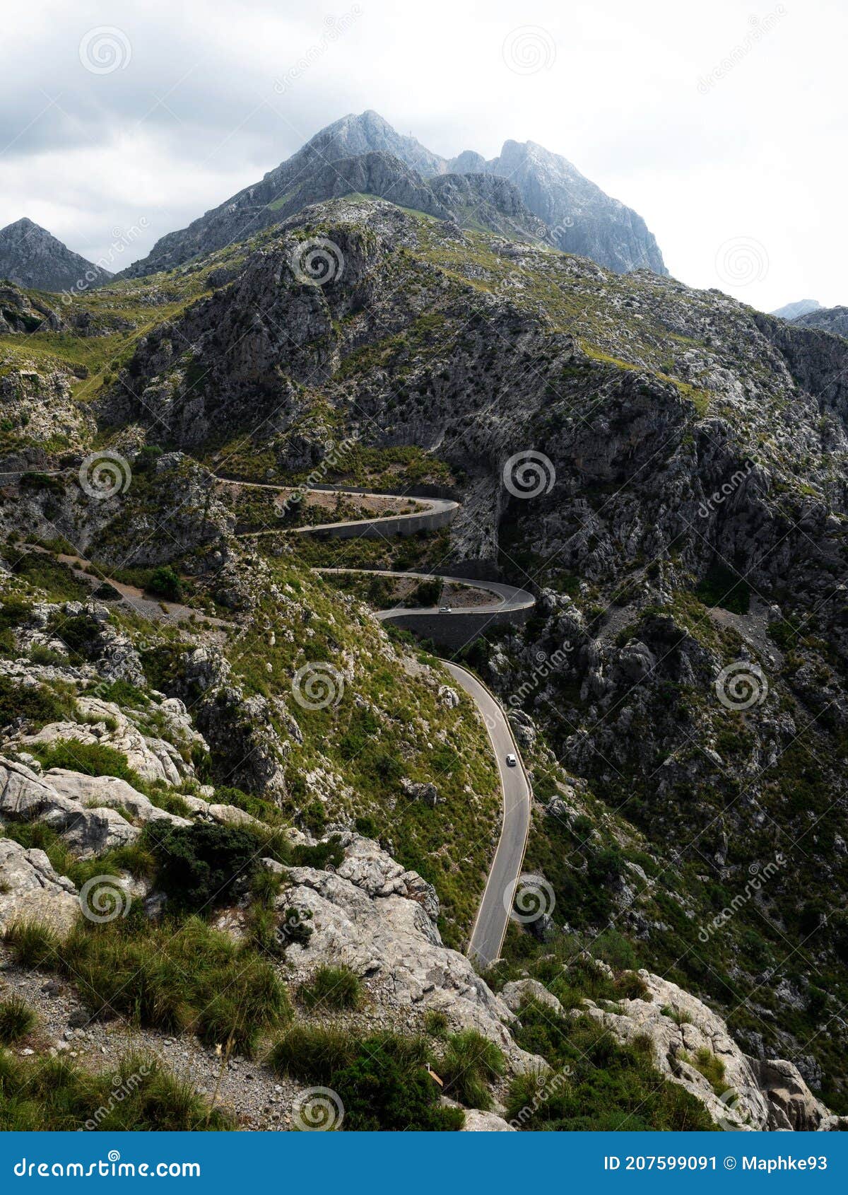 panorama view of winding curvy mountain road street sa corbata sa calobra mallorca balearic islands spain europe