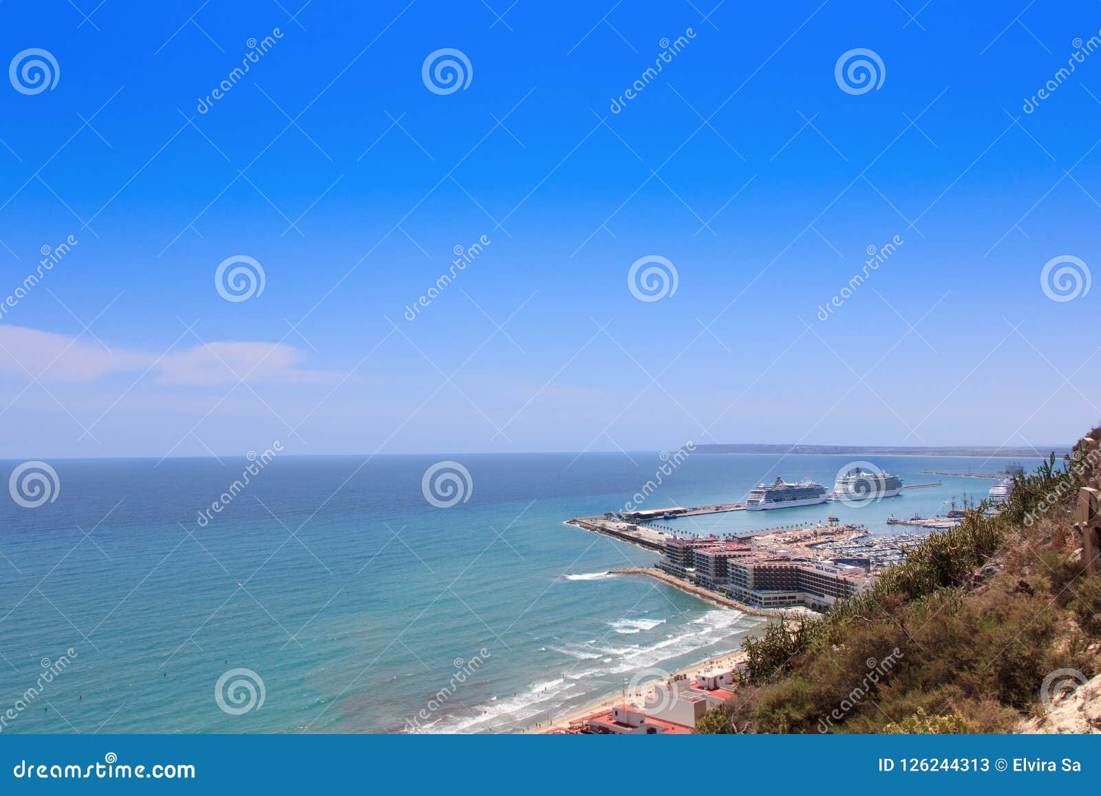 panoramic aerial view at alicante coasline and port, spain