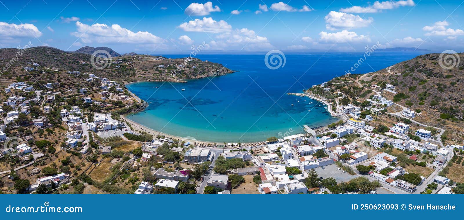 panoramic aerial view of the bay and beach at kini, siros island