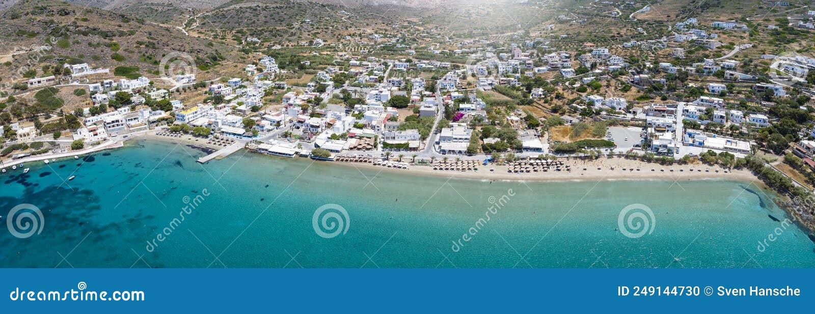 panoramic aerial view of the bay and beach at kini, siros island