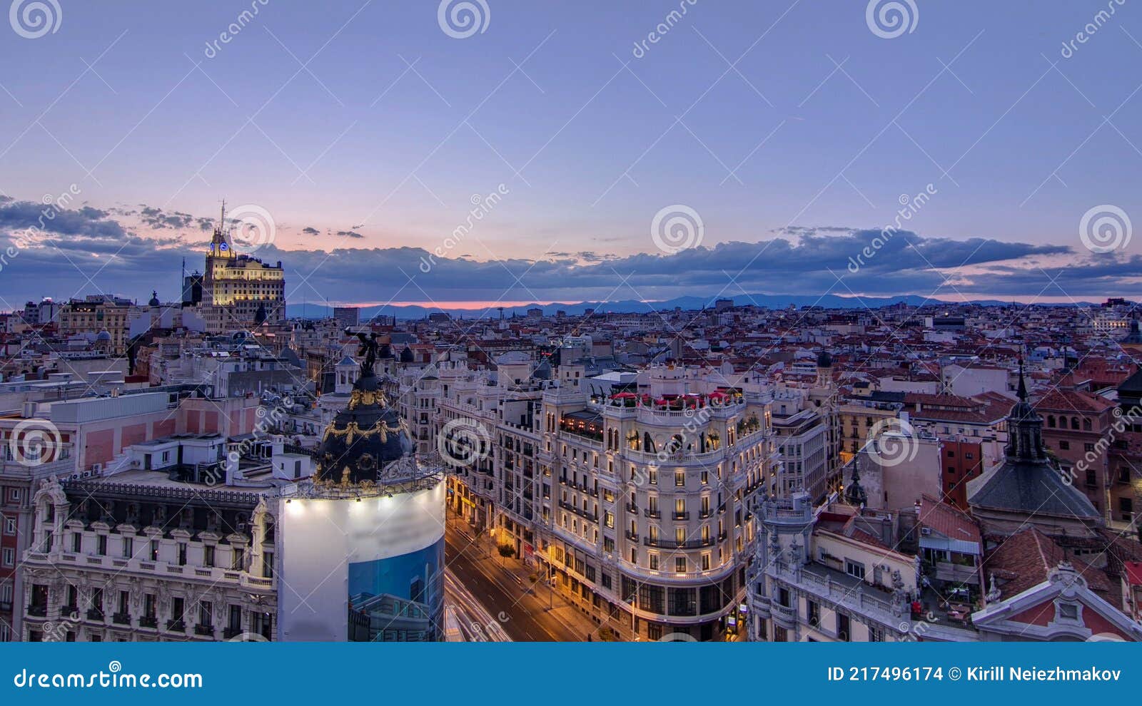 panoramic aerial view of gran via day to night timelapse, skyline old town cityscape, metropolis building, capital of