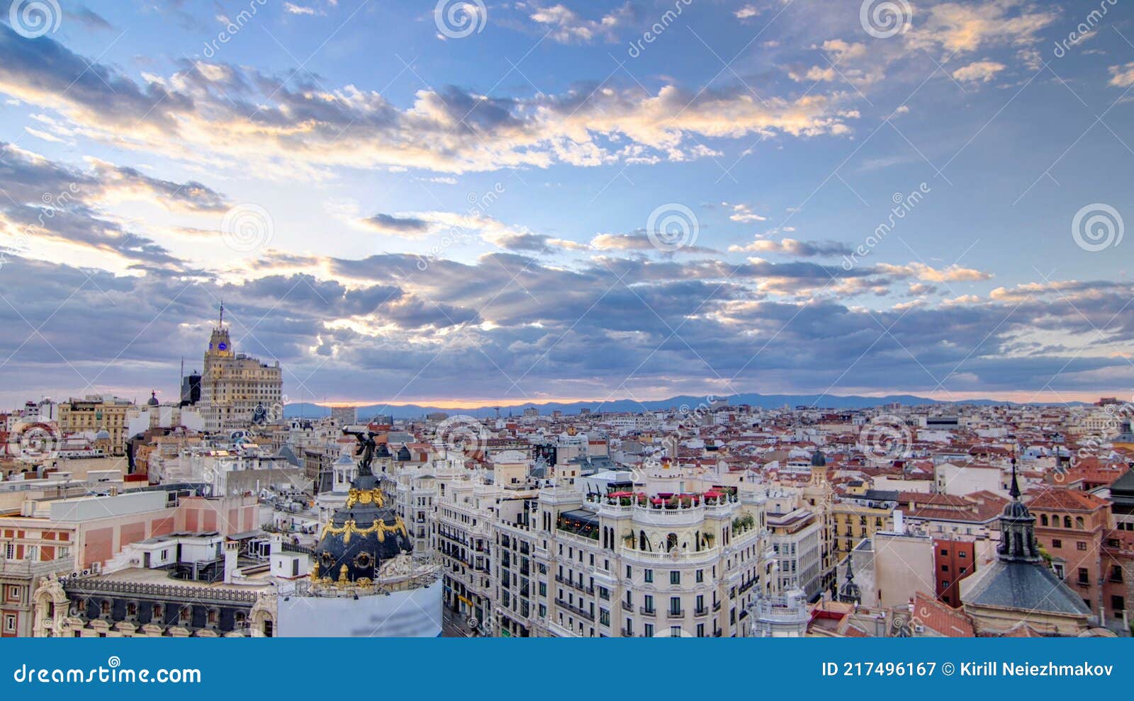 panoramic aerial view of gran via timelapse at sunset, skyline old town cityscape, metropolis building, capital of spain