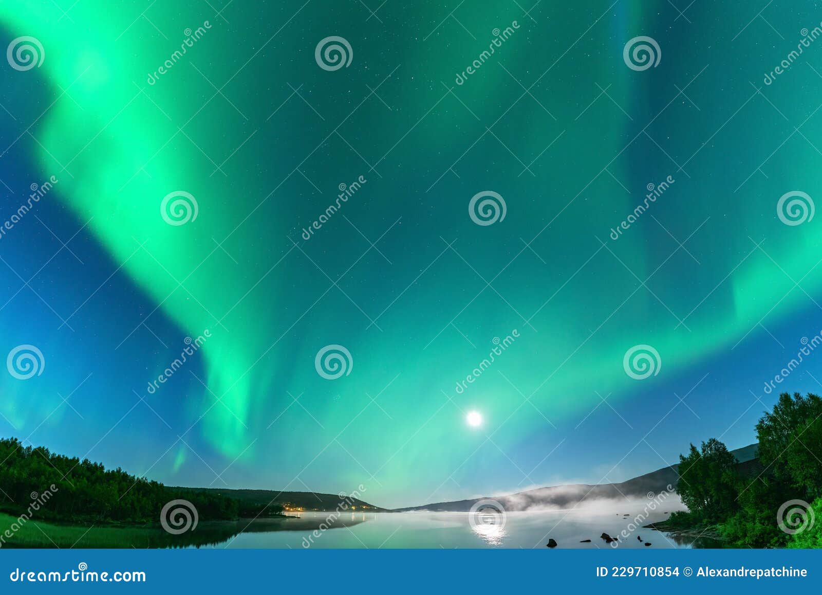 Panoramic Aurora Borealis, Northern Green Lights with Full Moon and ...