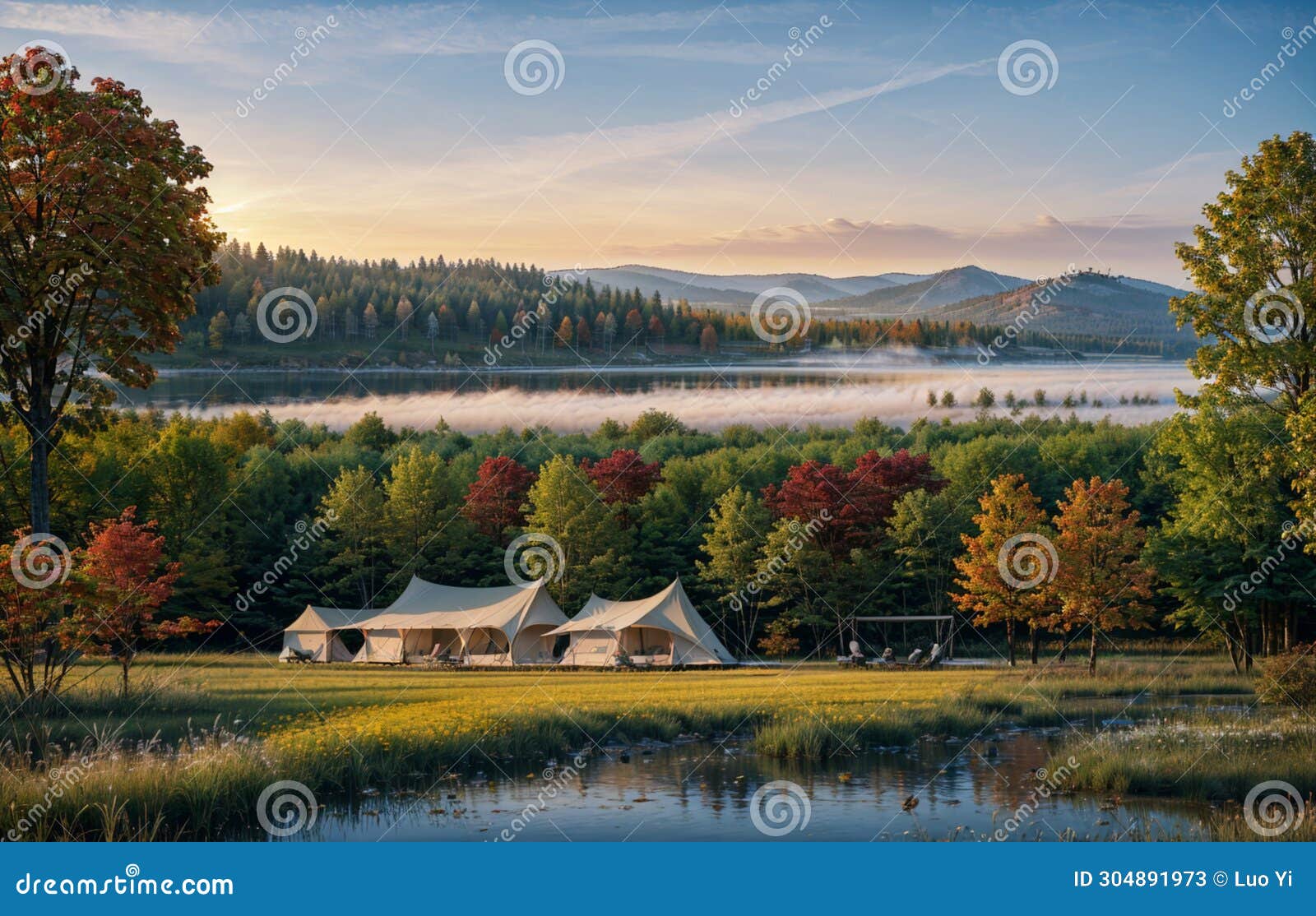 panoramic of camp tent near stream in early fog autumn morning