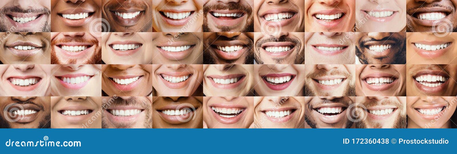 panoramic collage of multiethnic people white smiles