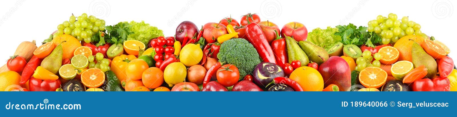 panoramic collection of fresh fruits and vegetables  on white