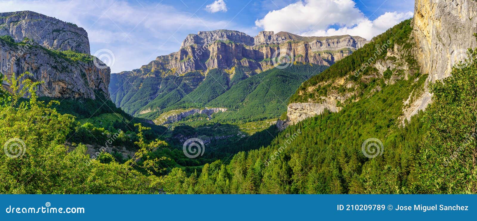 panoramic high rocky mountain landscape with green forests. ordesa pirineos national park. spain