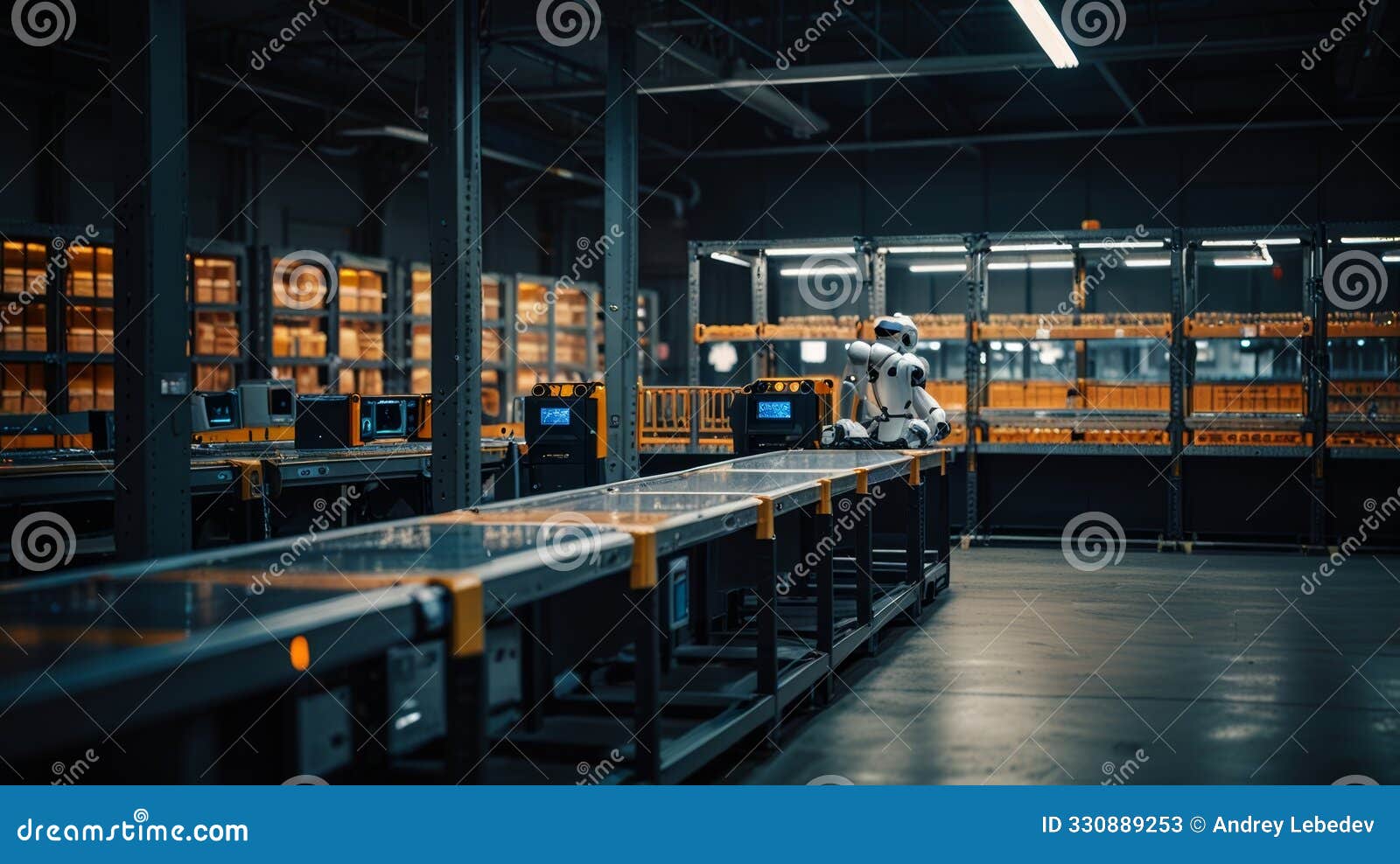 a panoramic image of a fully automated robotic dark store warehouse, featuring robots sorting and distributing orders