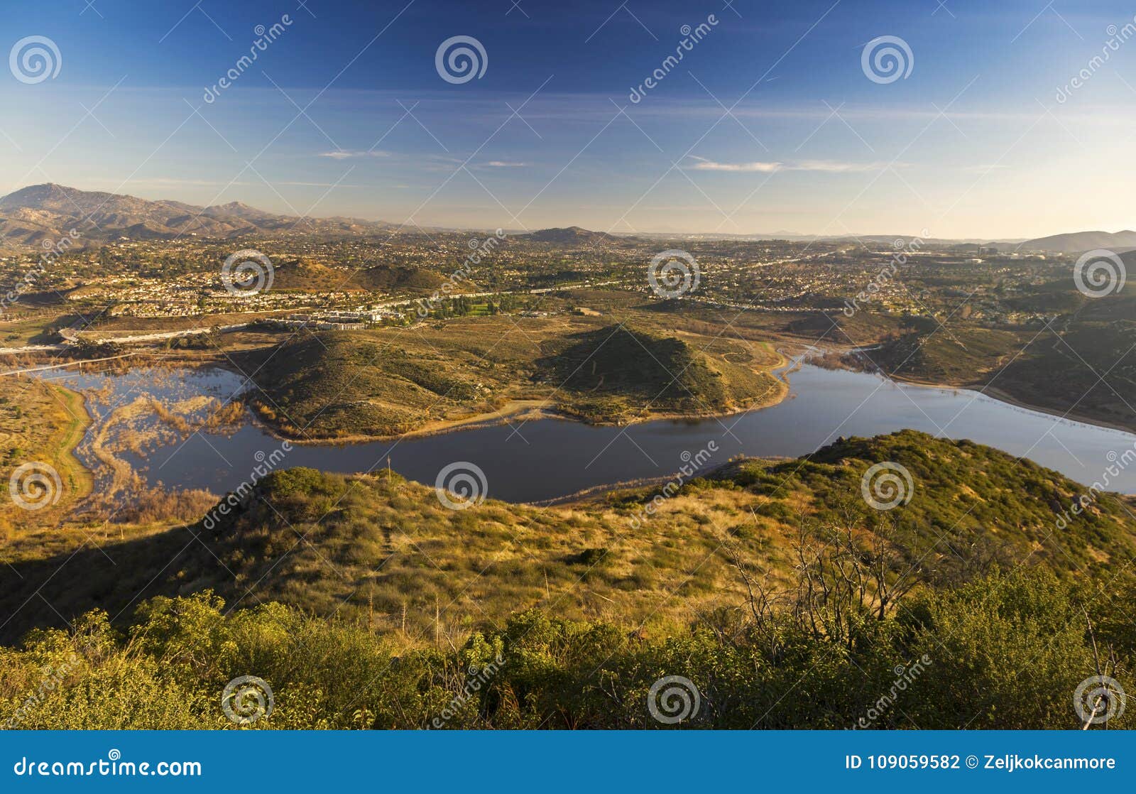 lake hodges and san diego county panorama from summit of bernardo mountain in poway