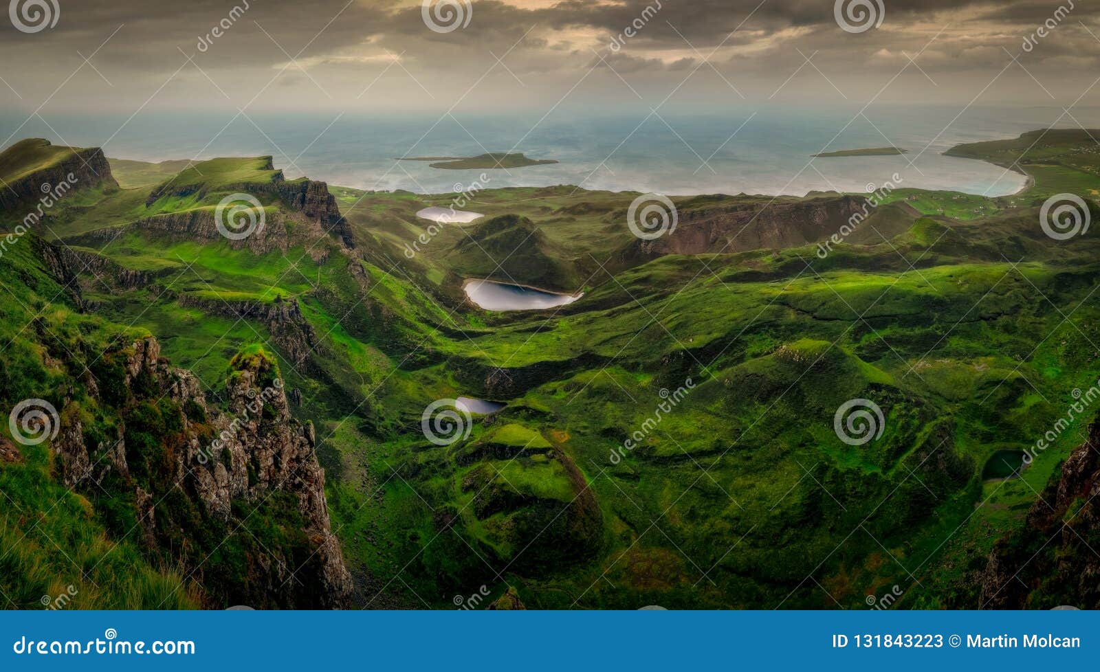 panoramic landscape view of quiraing coastline in scottish highlands, scotland, uk