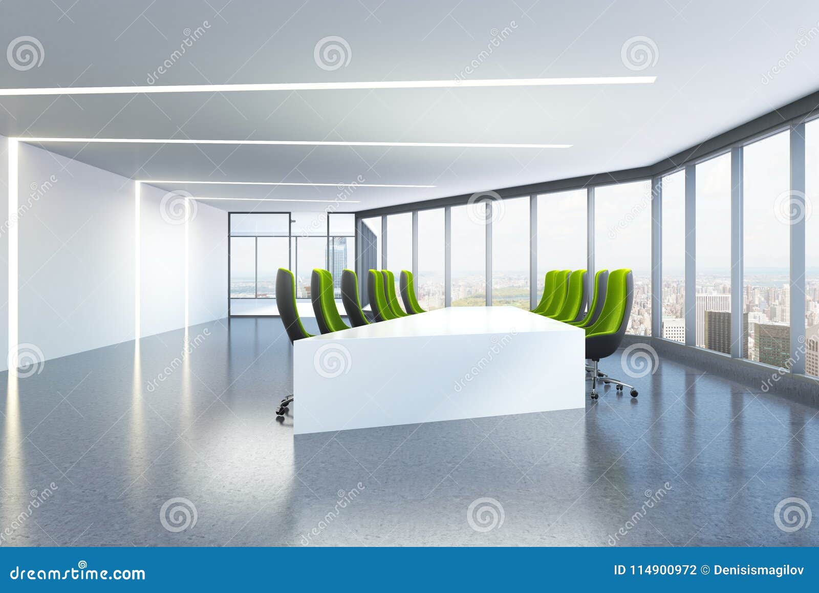 Panoramic Meeting Room, Green Chairs, Triangular Stock Illustration