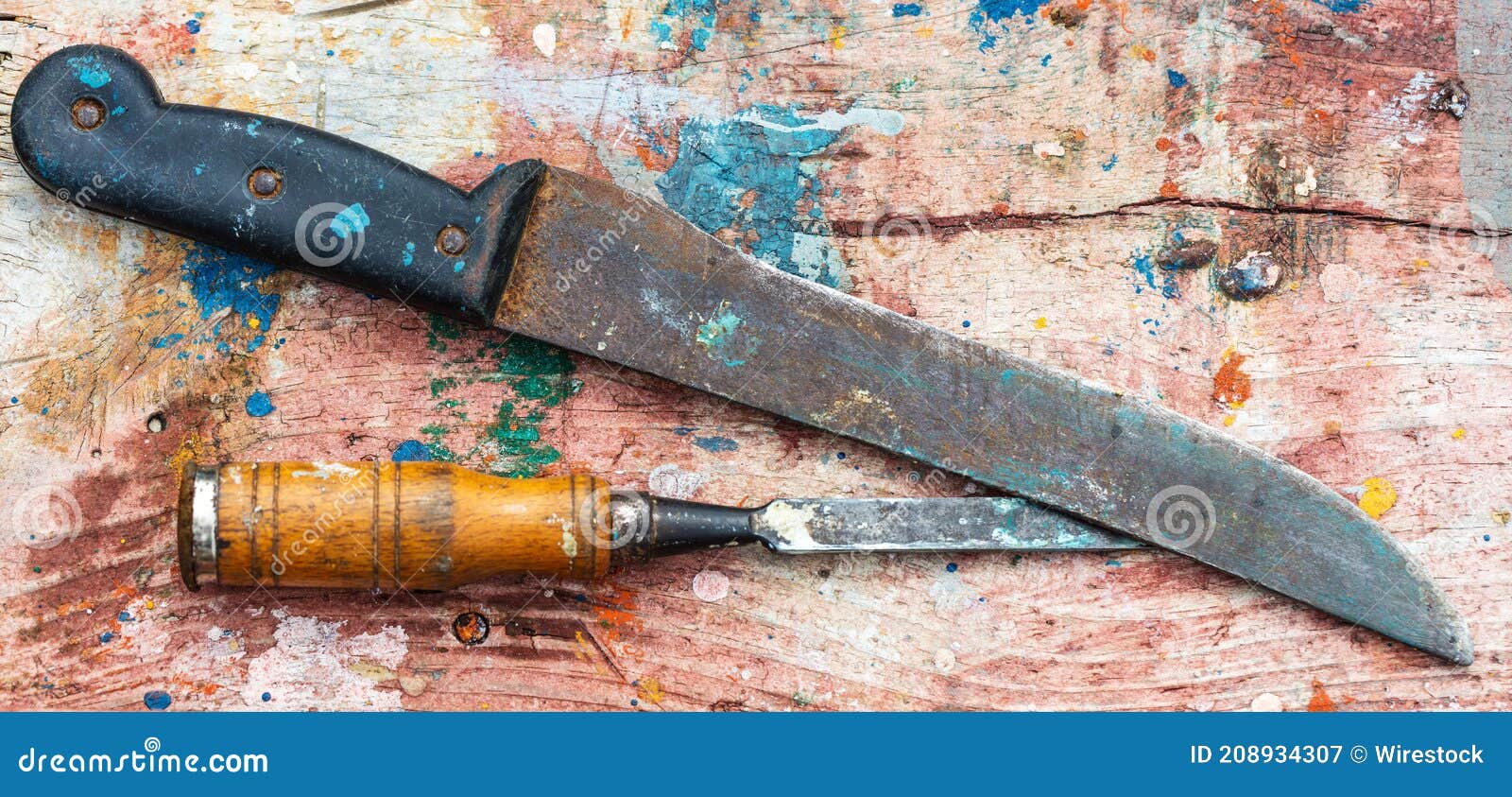 Panoramic Overhead Shot of a Machete and Chisel Stock Image Image of