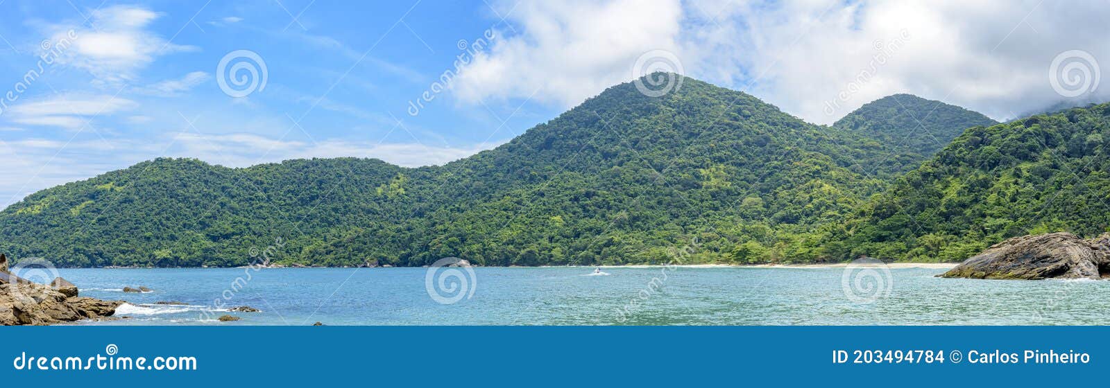 panoramic photograph of the sea, beaches, mountains and forests of trindade