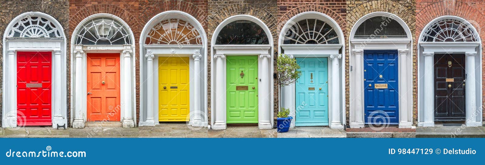 Panoramic Rainbow Colors Collection of Doors in Dublin Ireland Stock