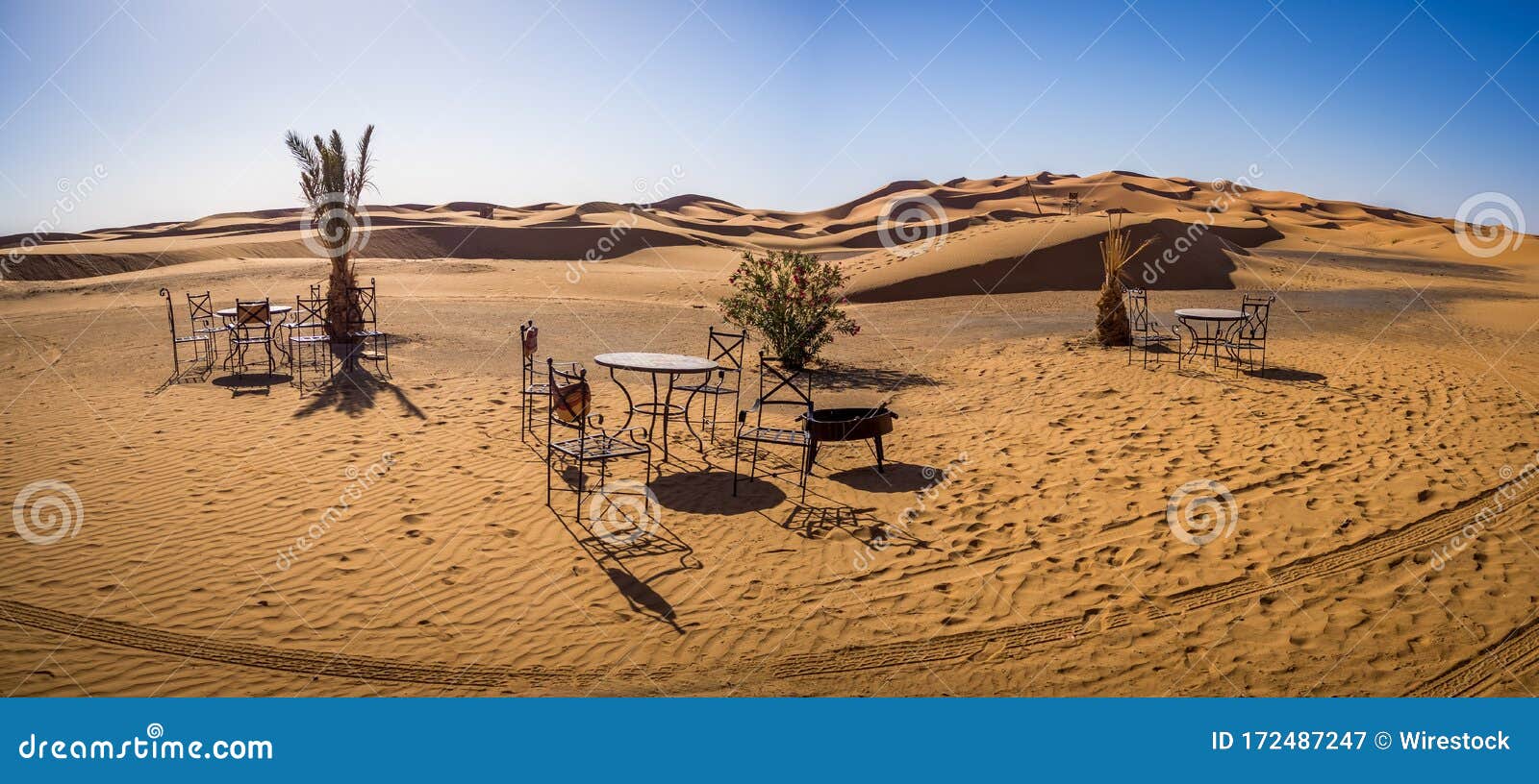 Panoramic Shot of Tables and Chairs in the Sahara Desert in Morocco