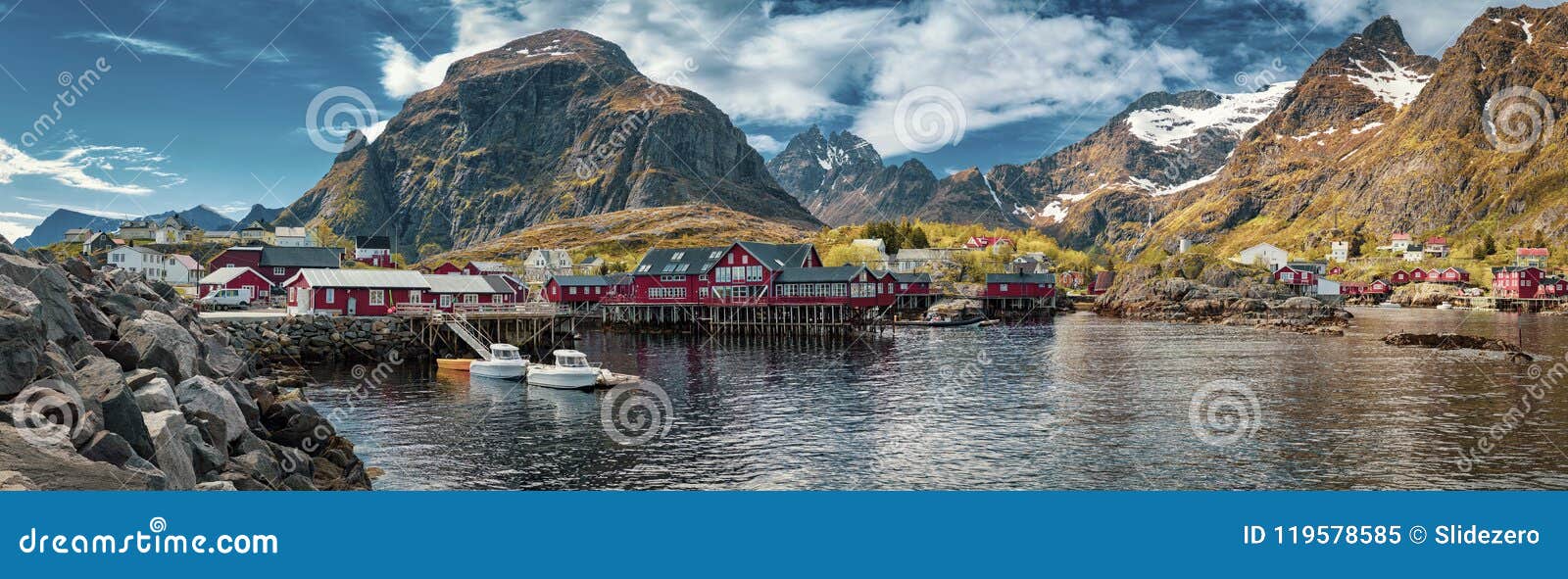 panoramic shot of a village, moskenes, on the lofoten in norther