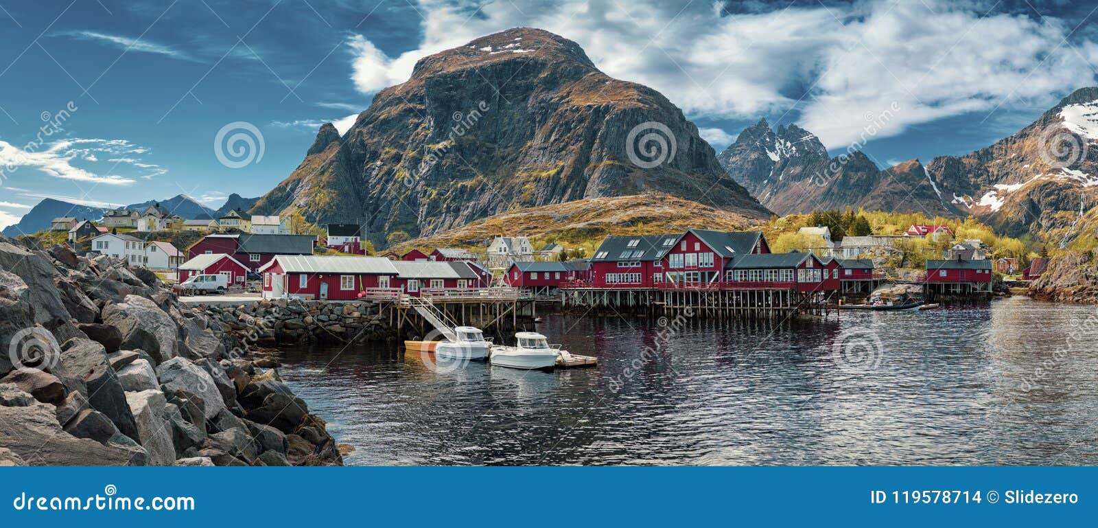 panoramic shot of a village, moskenes, on the lofoten in norther