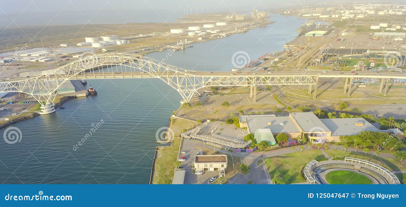 Panoramic Top View Harbor Bridge And Gasoline Tanks Near Port Of