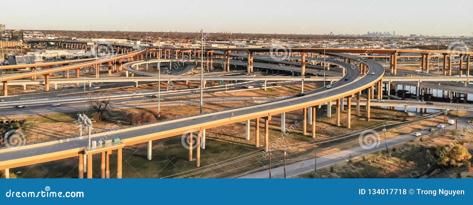 panoramic top view stack highway viaduct with traffic near dallas, america