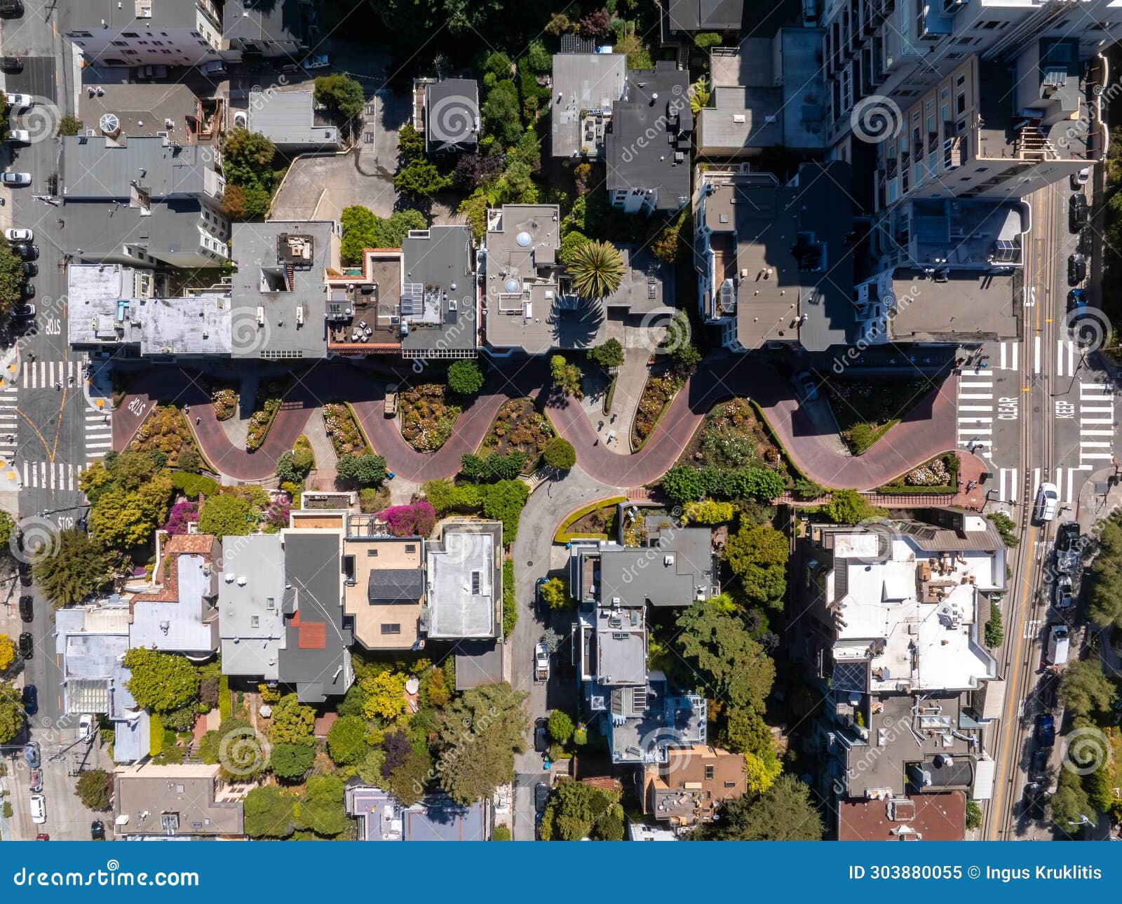 panoramic view of aerial lombard street, an east west street in san francisco, california.