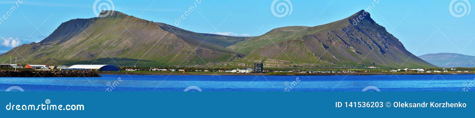 panoramic view at akrafjall mountain and akranes town in the border of faxa bay in vesturland region of iceland