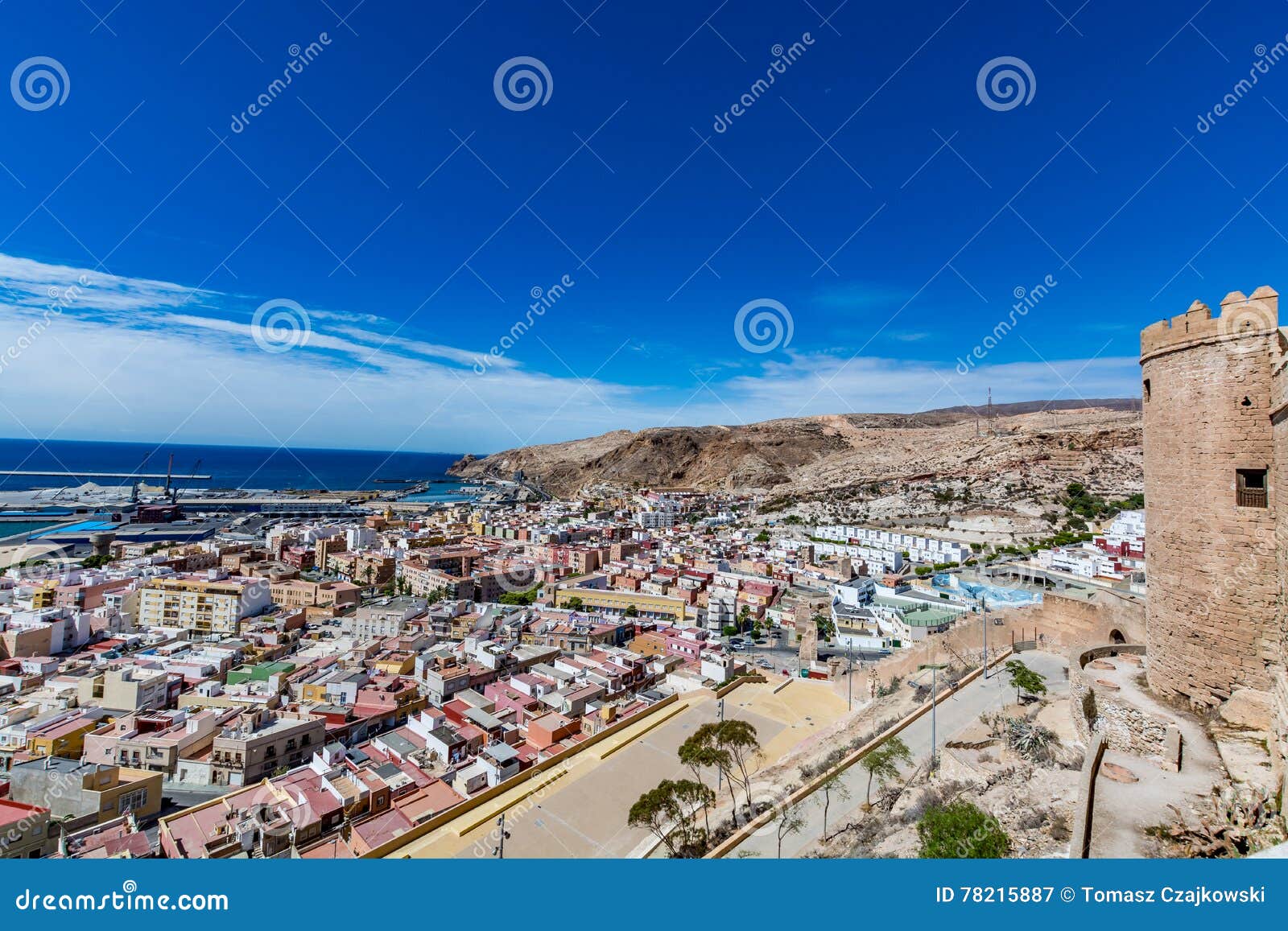 panoramic view of almeria old town and harbour