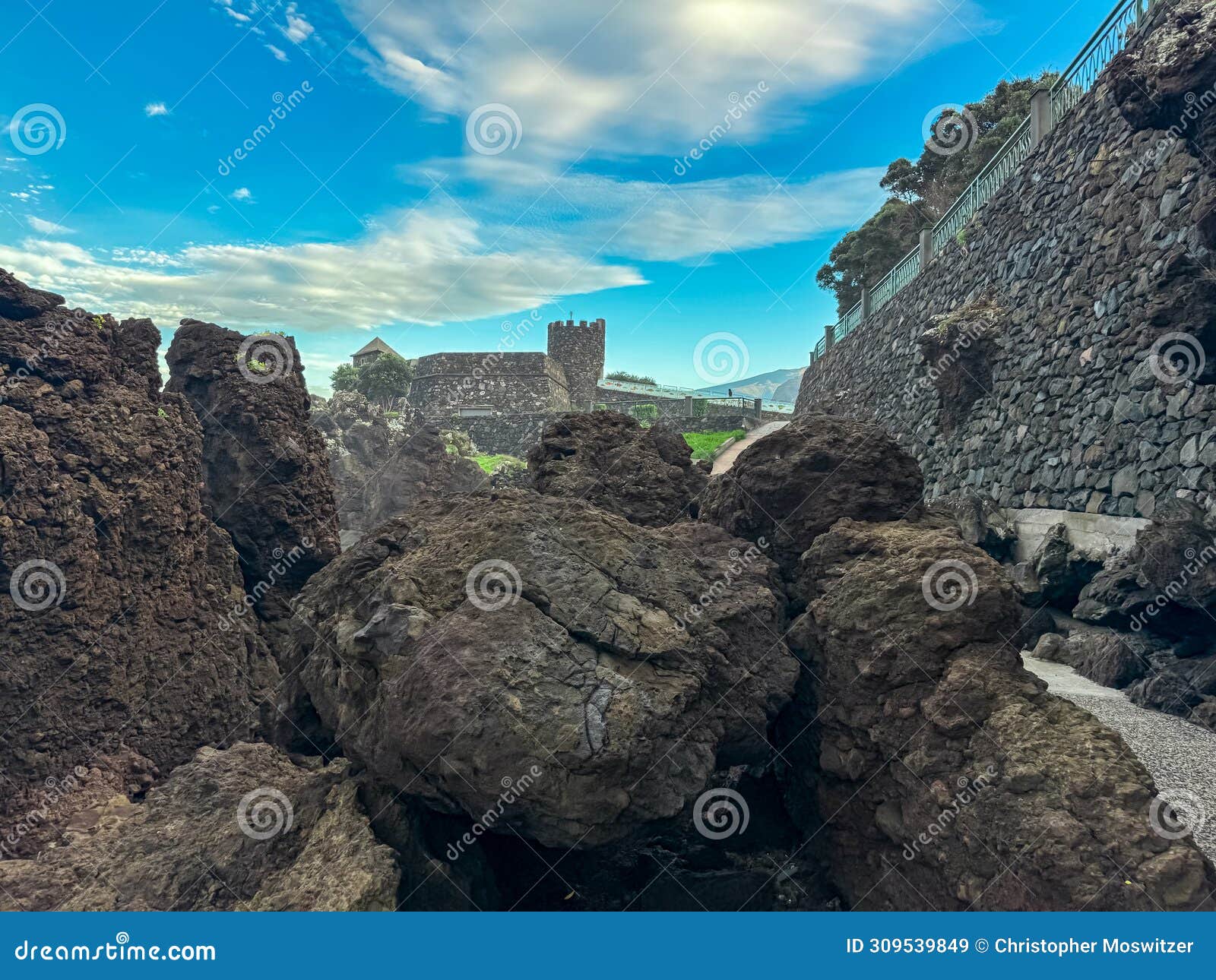 porto moniz - panoramic view of the aquarium in coastal town porto moniz, madeira island, portugal, europe. stone castle