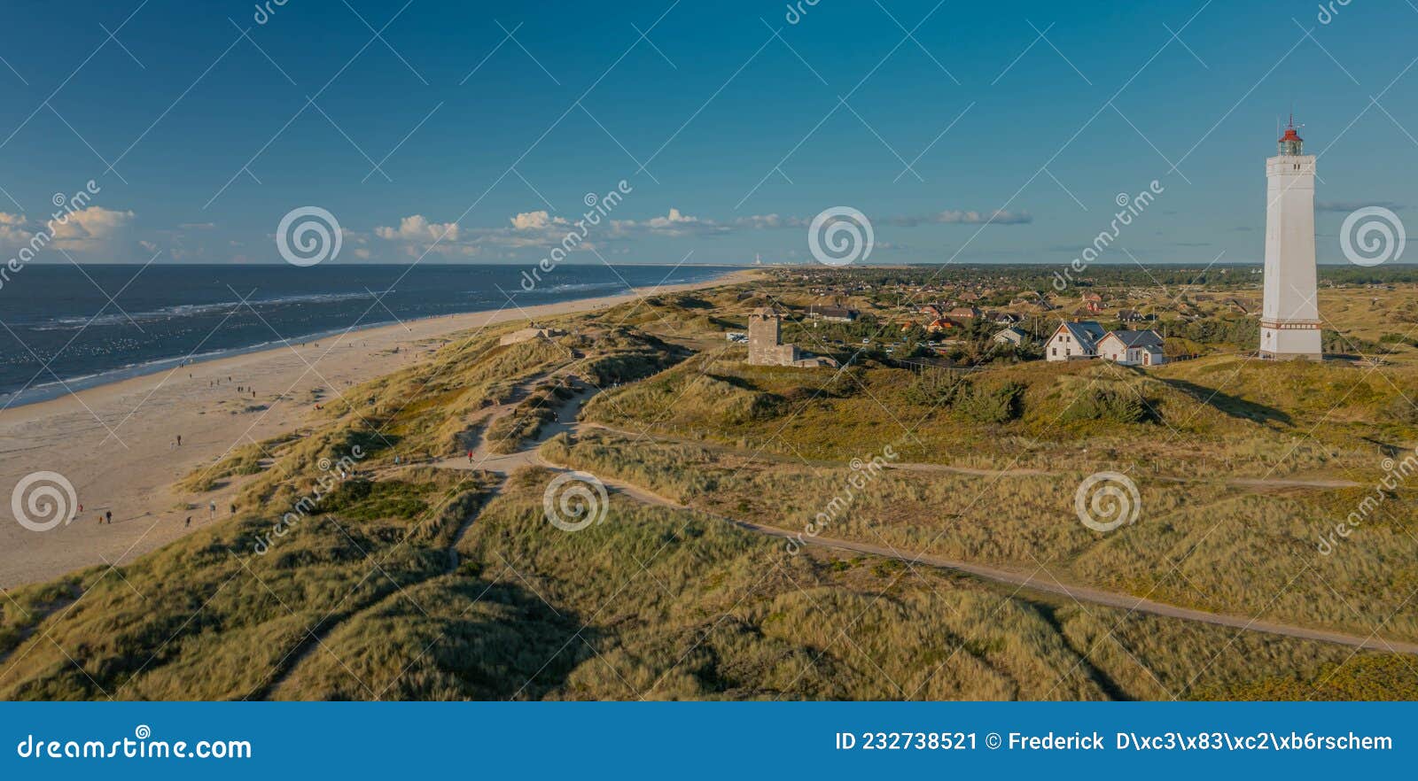 panoramic view of blÃÂ¥vand lighthouse on wide dune of blÃÂ¥vandshuk with beach view on the west coast of jutland