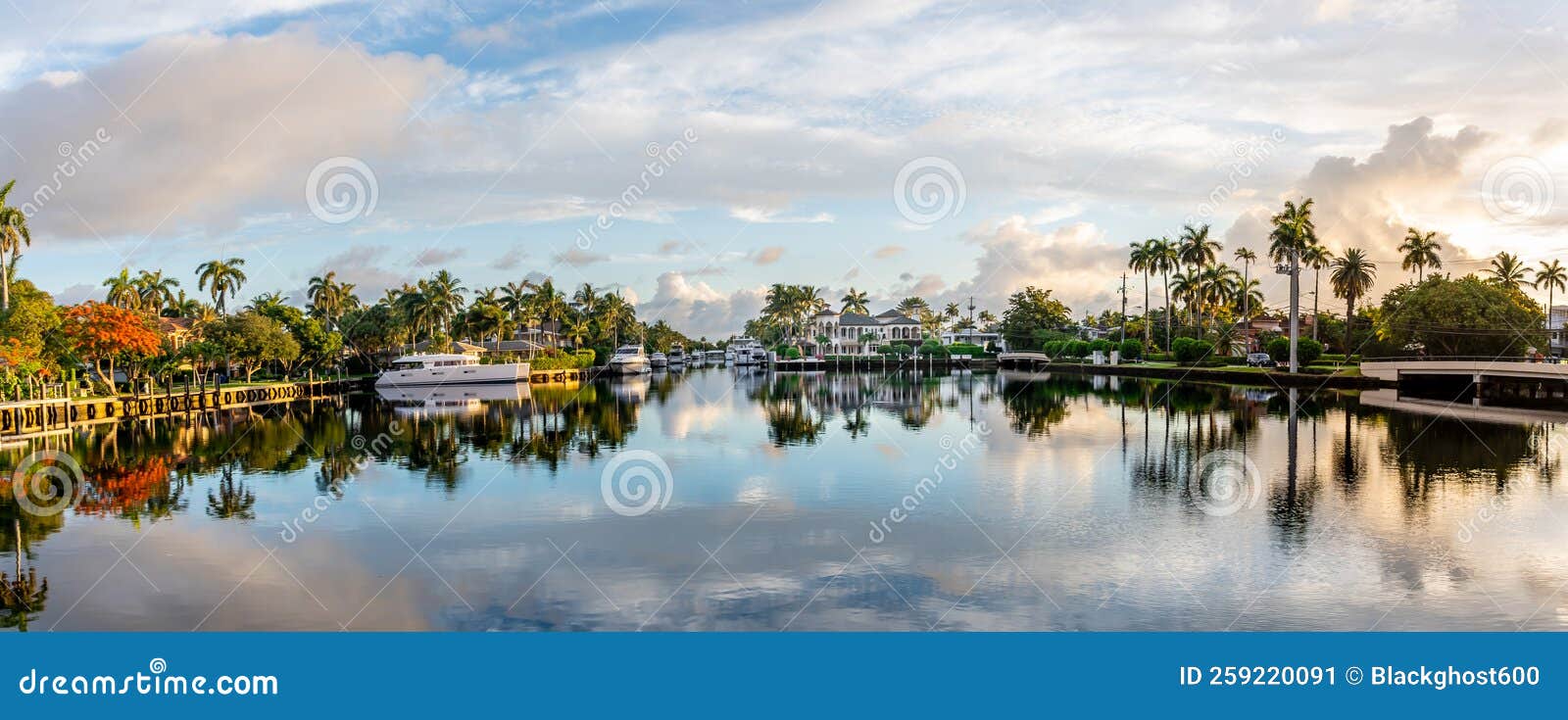 panoramic view of boats and luxury homes line the canals near las olas blvd. in fort lauderdale florida