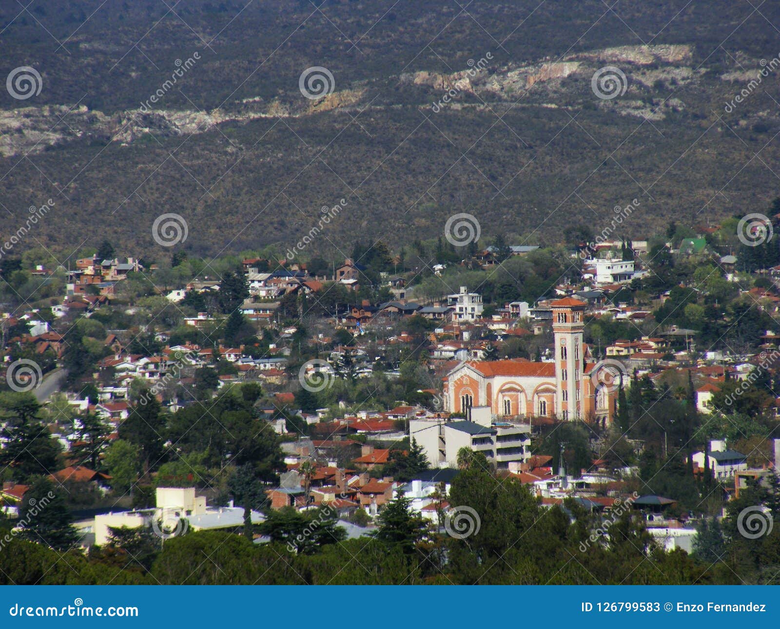 panoramic view of the city of la falda, cordoba, argentina, with its church