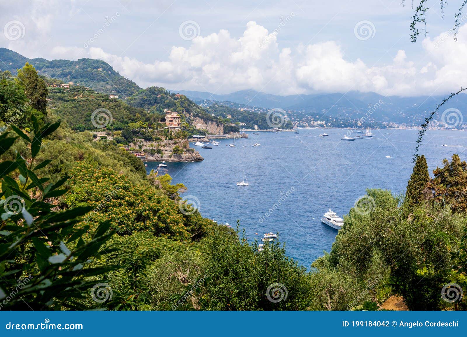 panoramic view of the coast of portofino and the ligurian sea in the mediterranean. trees and vegetation and some boats with