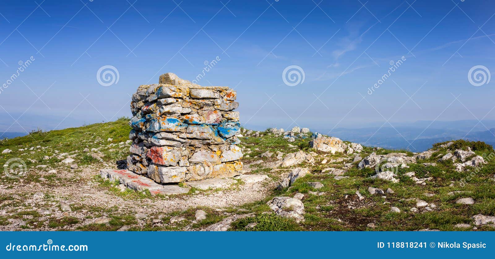 panoramic view of colorful summit stone on hilltop called trem