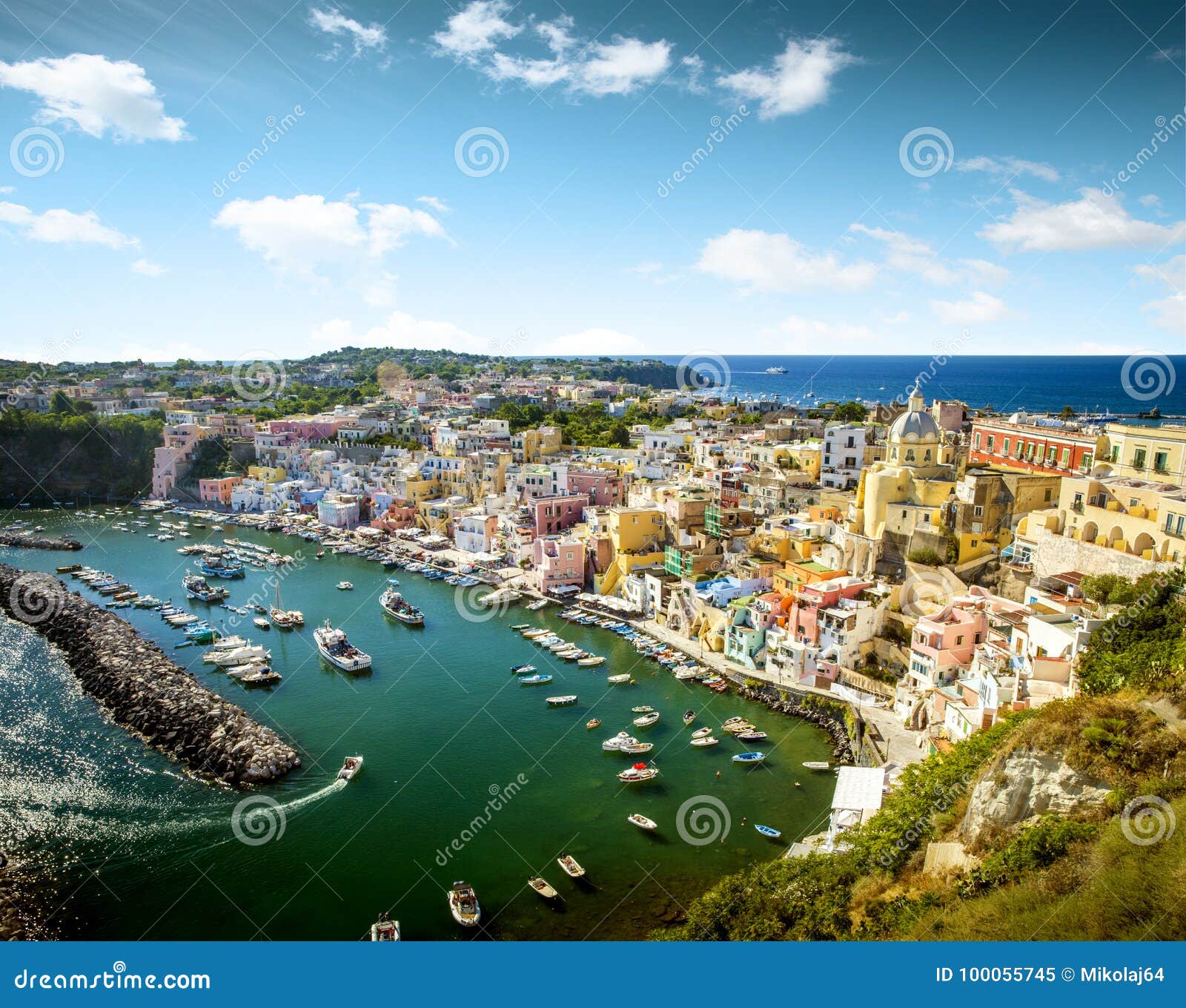 panoramic view of corricella village on procida island, italy