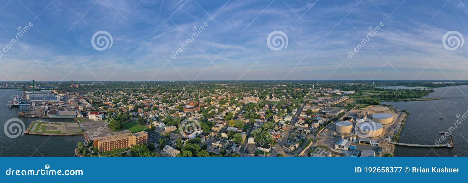 Panoramic View of Delaware Riverfront Community in New Jersey Stock
