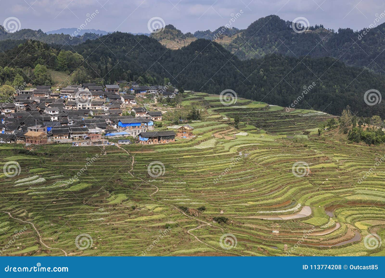 Panoramic View of the Gaoyao Rice Terraces in Guizhou Stock Photo