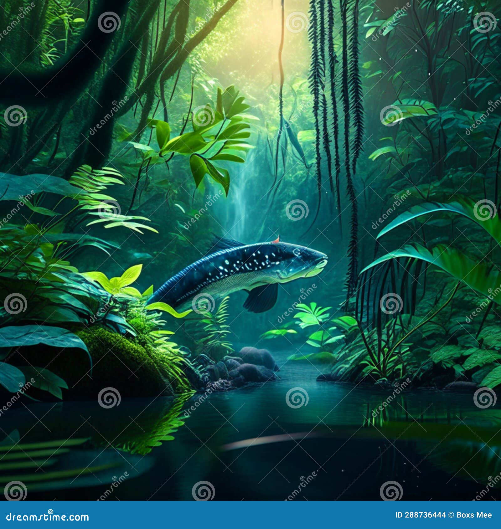 Panoramic View of a Giant Eel in a Tropical Rainforest Generative AI