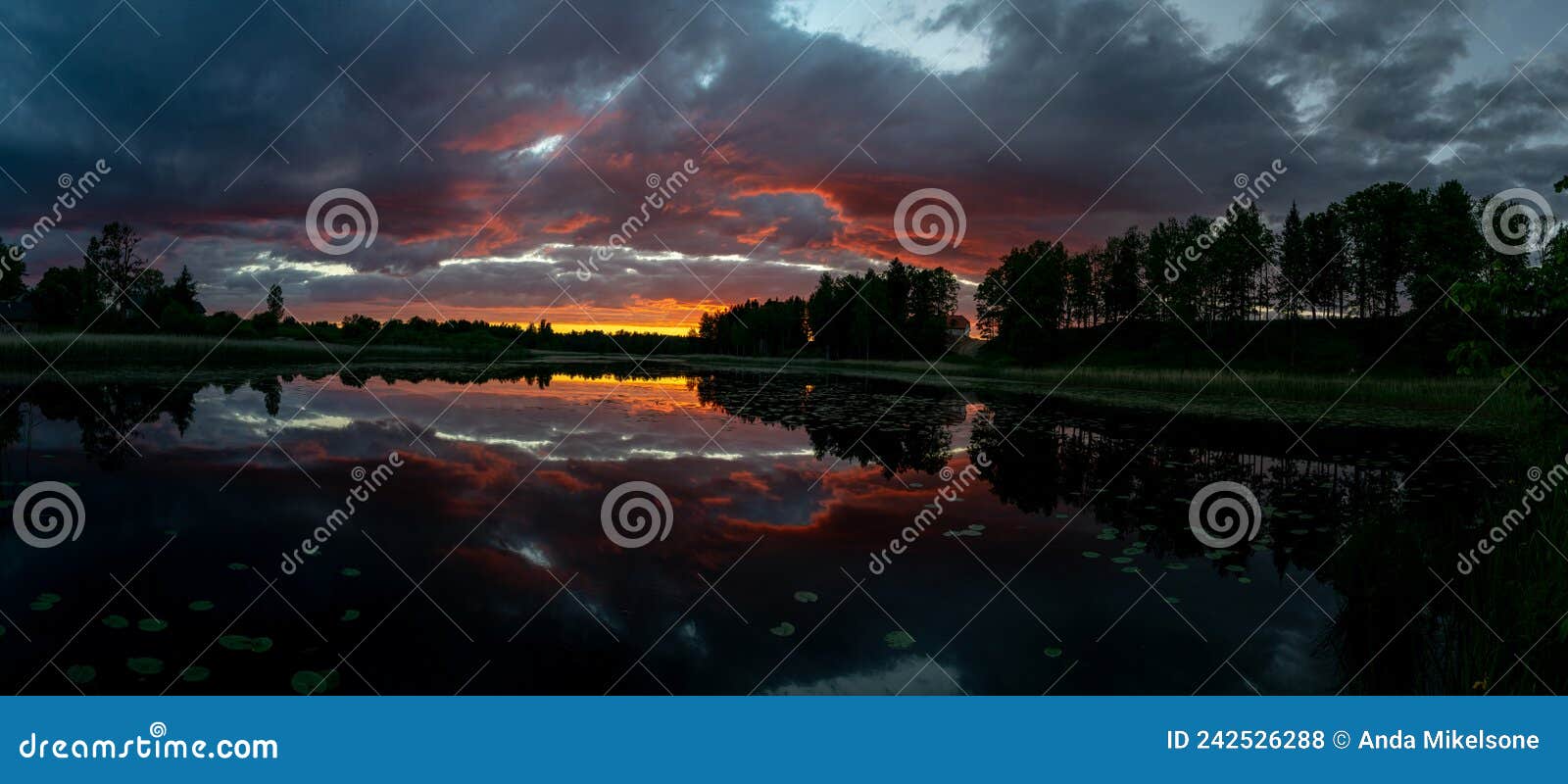 panoramic view, gorgeous and colorful sunset landscape on the lake