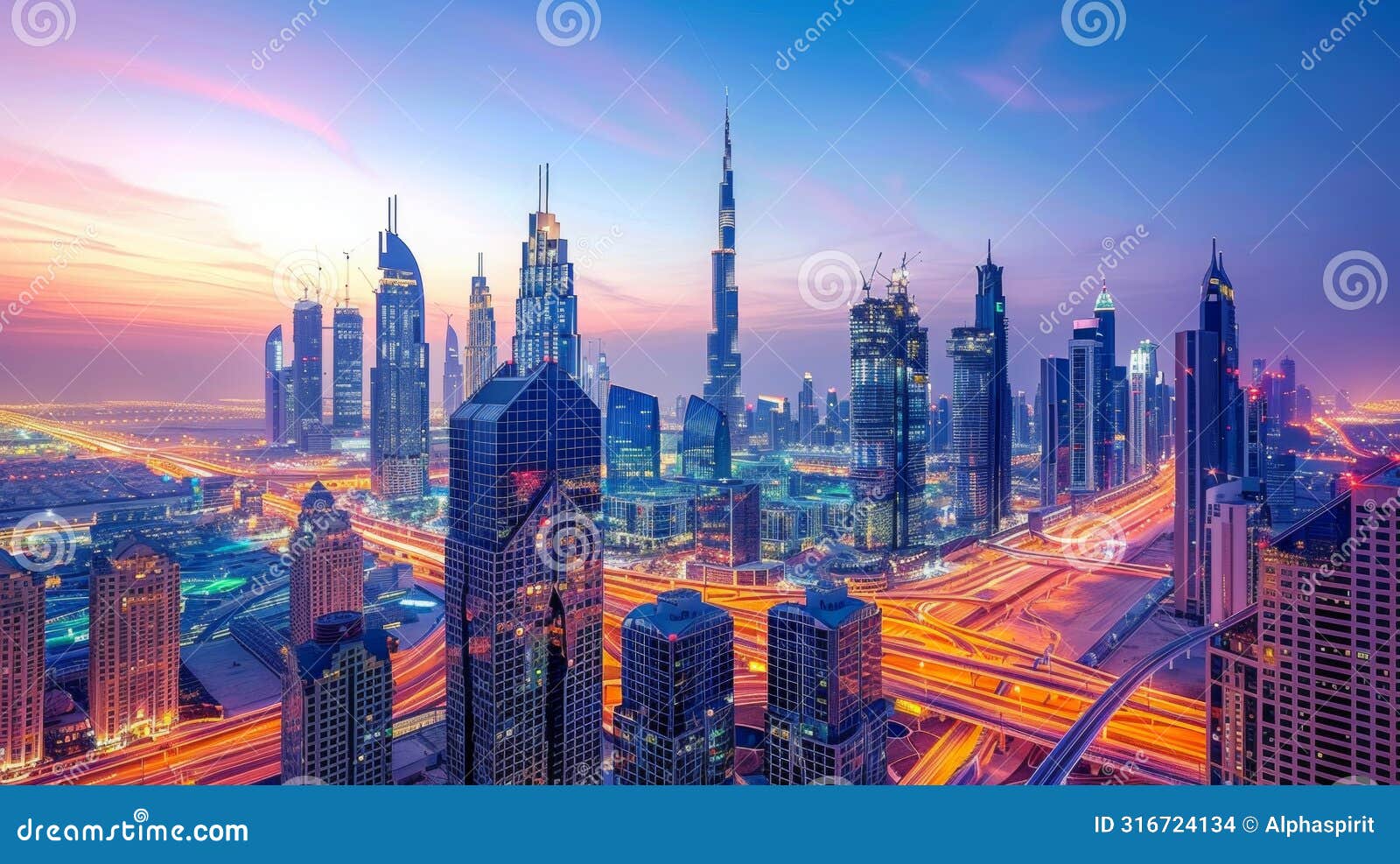 panoramic view of the high rises along sheikh zayed road in glowing twilight hues
