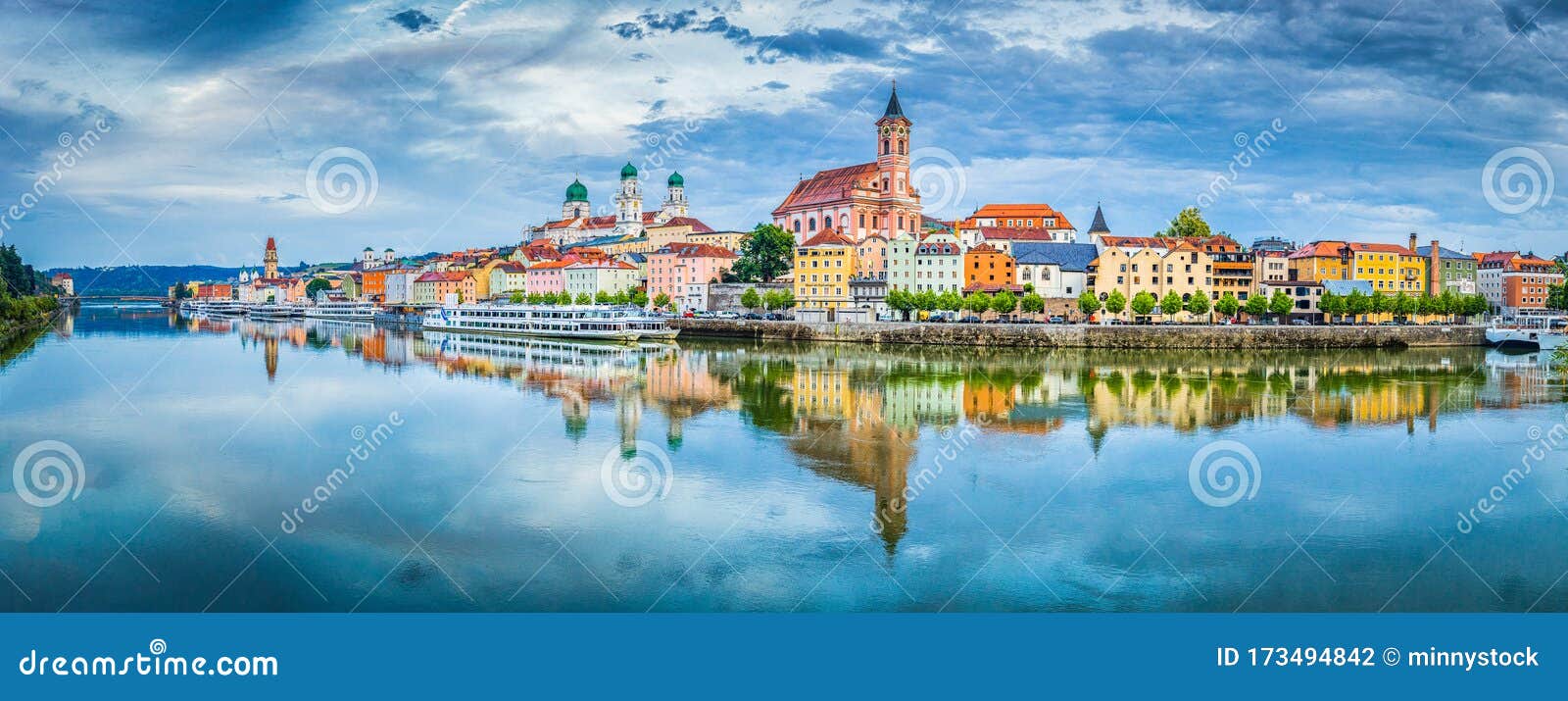 passau city panorama with danube river at sunset, bavaria, germany