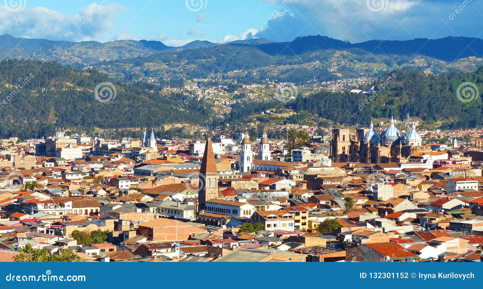 panoramic view of the city cuenca, ecuador, with many churches