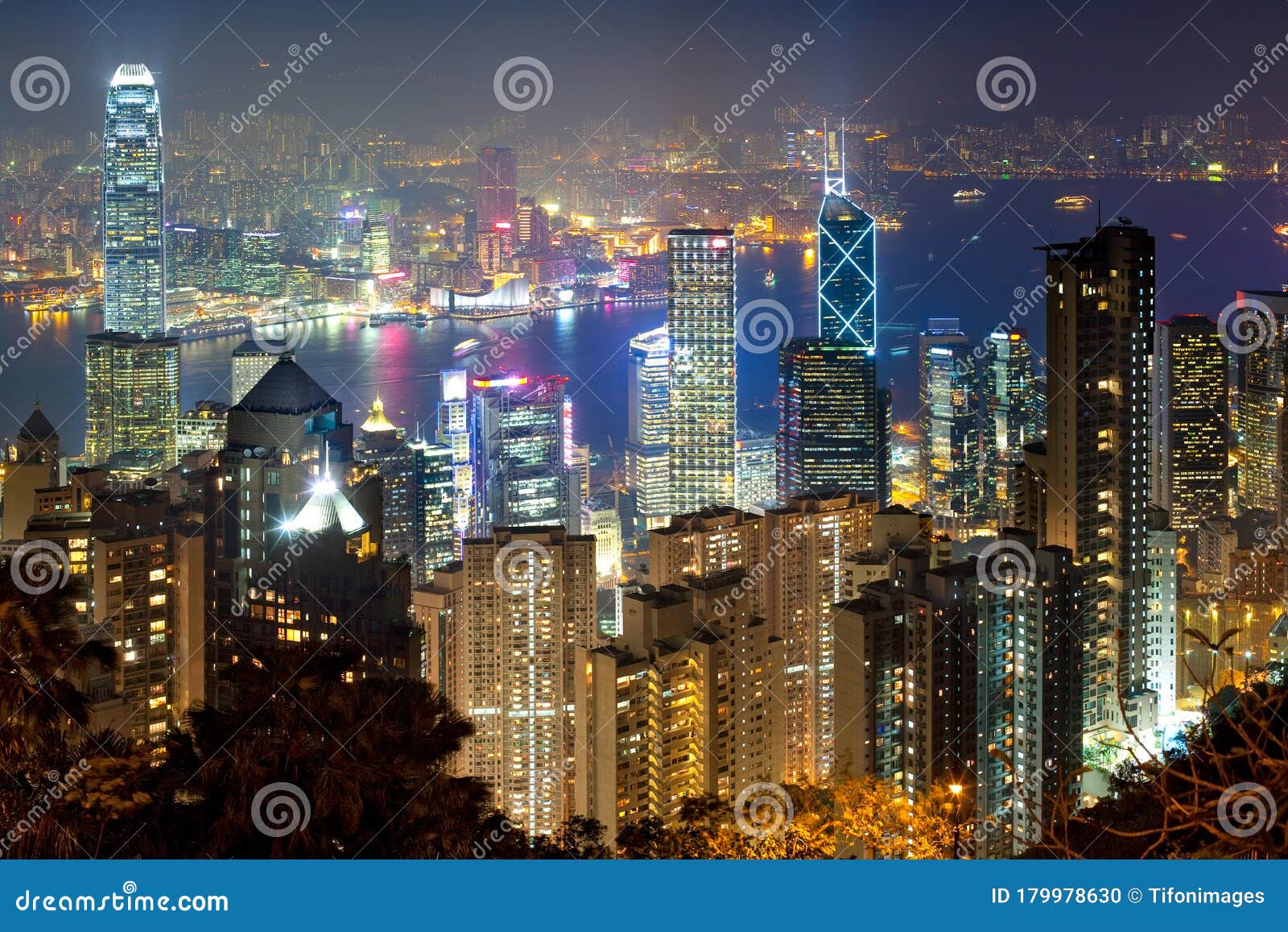 Panoramic View of Hong Kong Bay at Night Stock Photo - Image of city