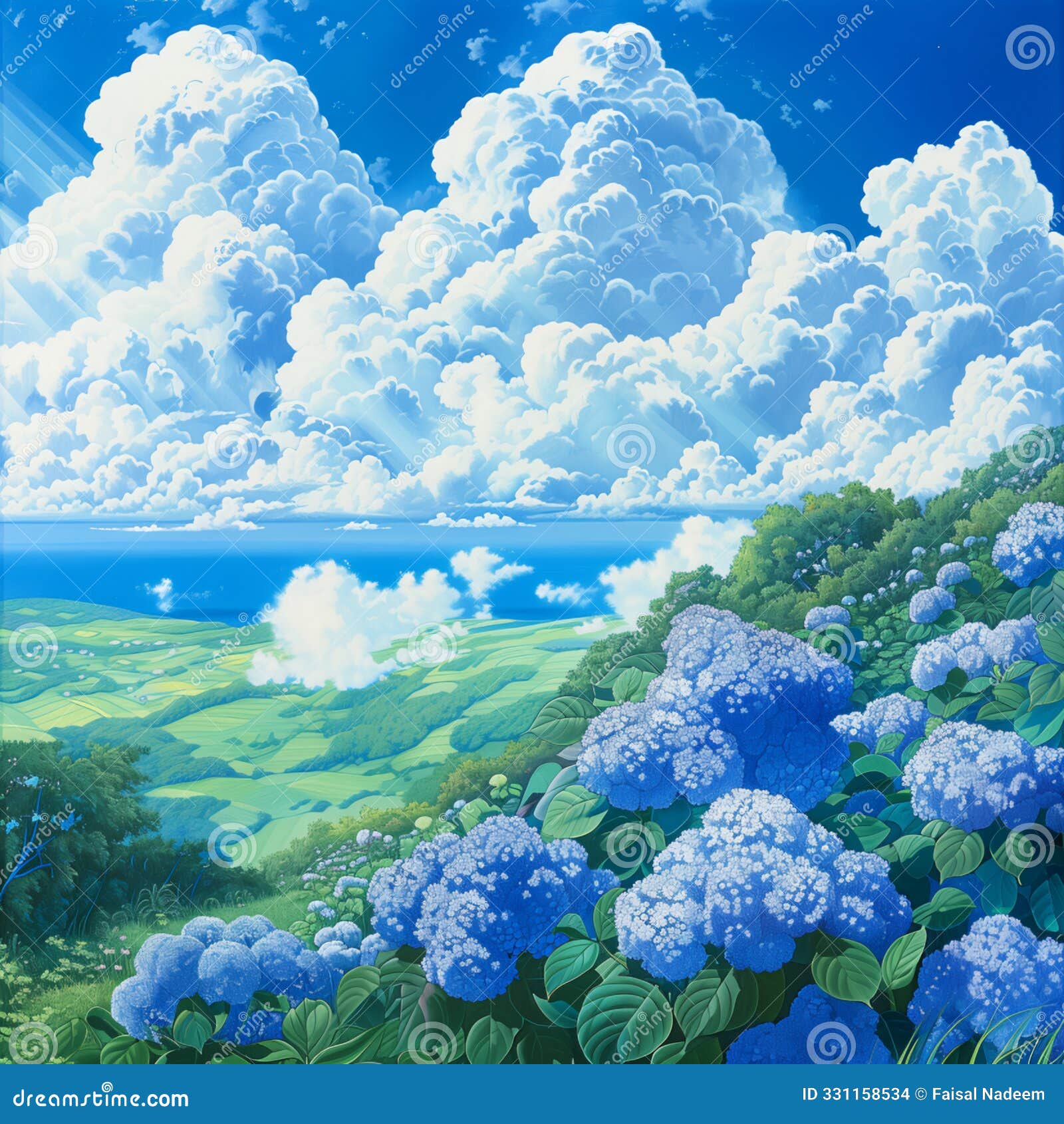 panoramic view of a japanese summer  of blue skies, hydrangeas in full bloom, and thunderhead clouds creating a