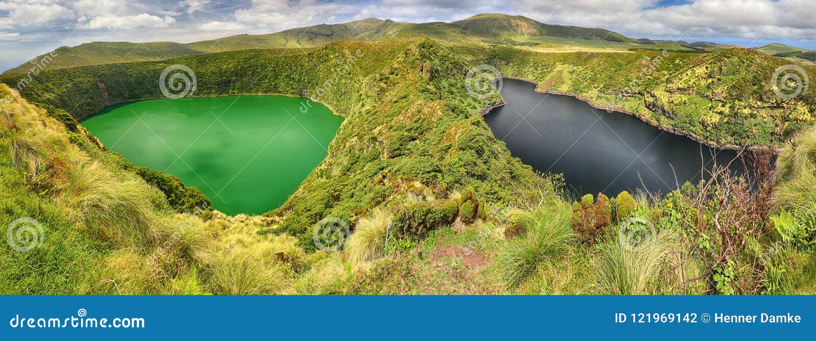 panoramic view of lagoa negra and lagoa comprida on the azores island of flores