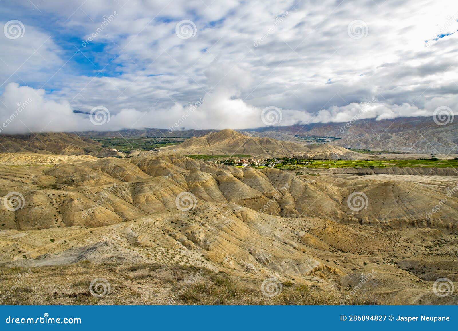 the panoramic view of lho manthang seen from lo la pass in upper mustang, nepal