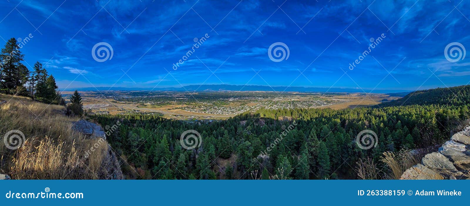 panoramic view from lone pine state park with a hot air balloon over kalispell mt