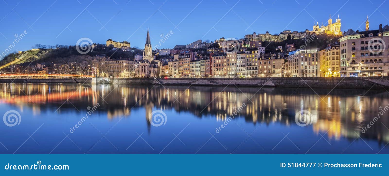 panoramic view of lyon with saone river by night