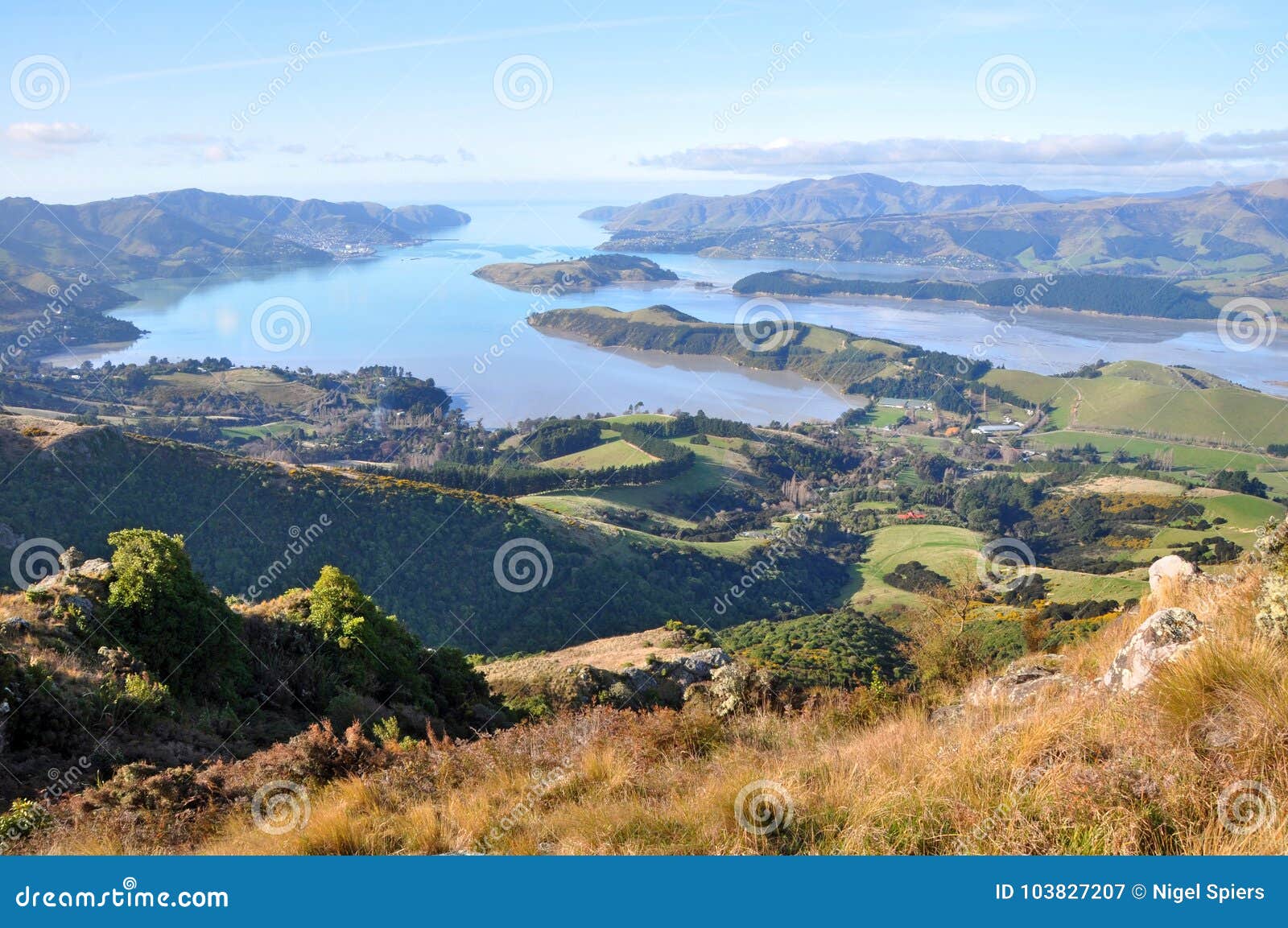 lyttelton harbour panorama, christchurch, new zealand.