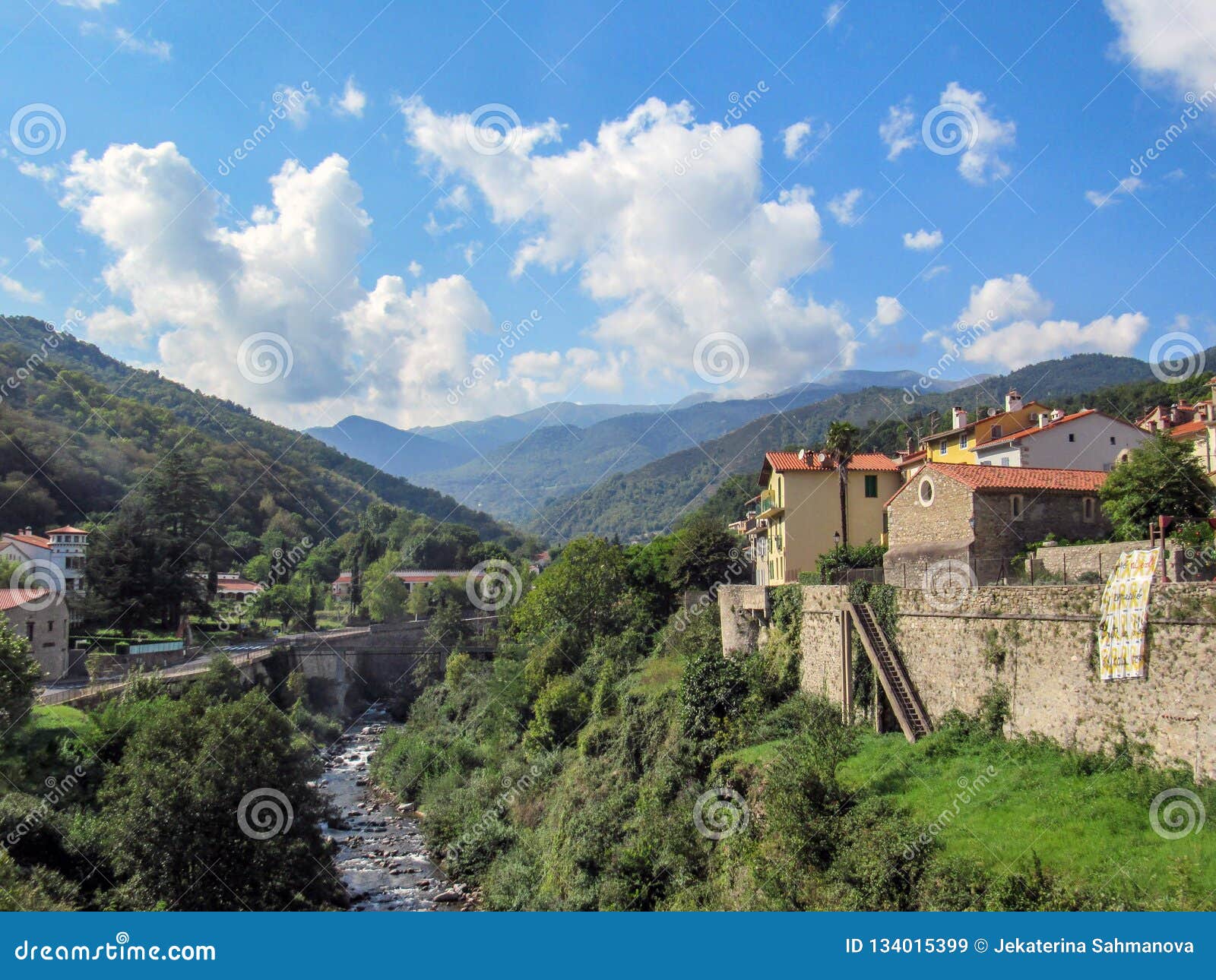 panoramic view of the medieval fortified town prats de mollo la preste, tech river and mountains, pyrenees orientales, southern