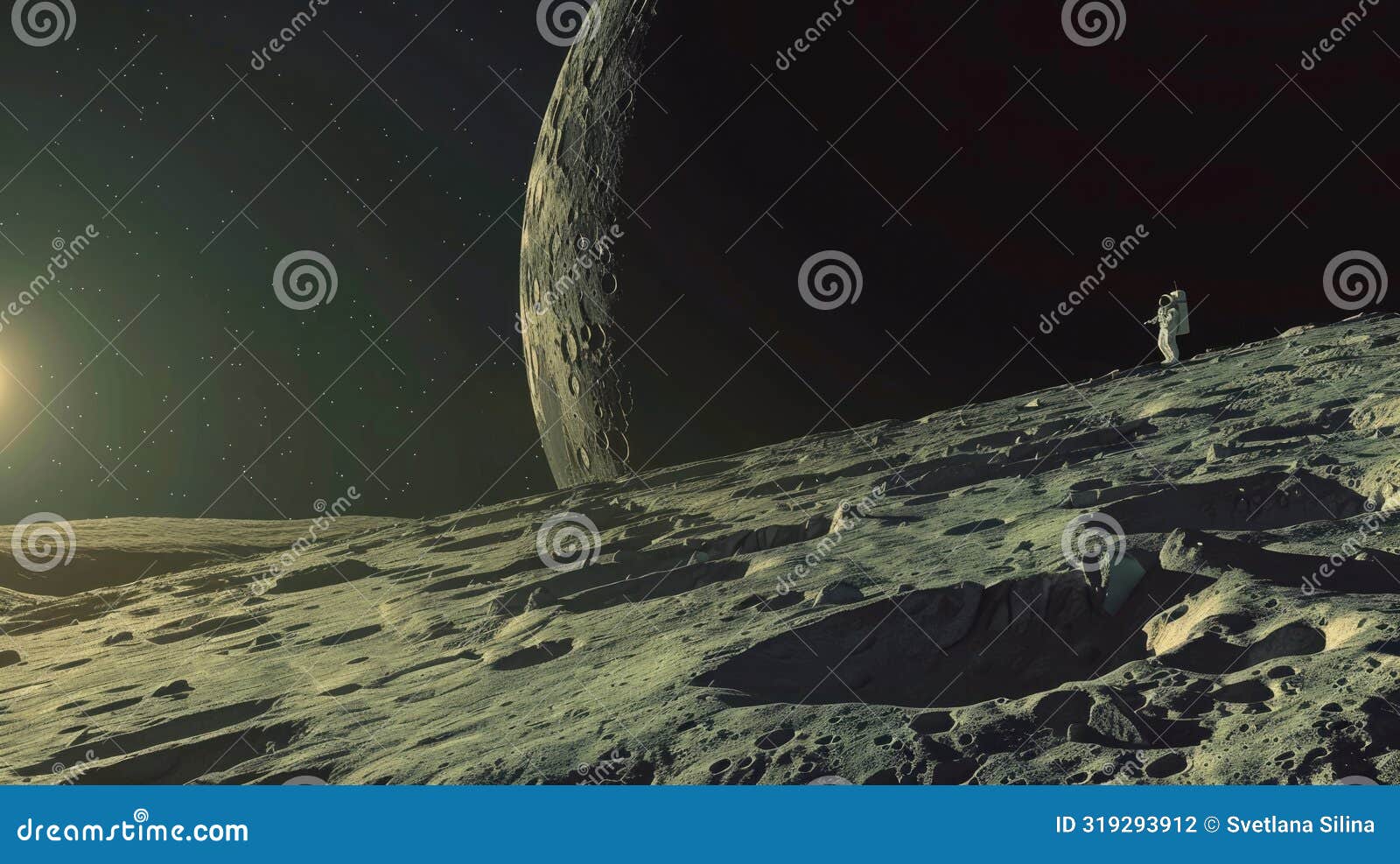 panoramic view of the moon's horizon with a space module and distant astronauts, capturing vast and desolate beauty